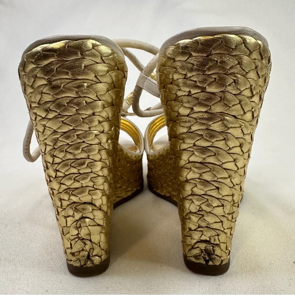 Coach Gold Woven Platform Wedge Sandals Size 8 Cream Leather Strappy